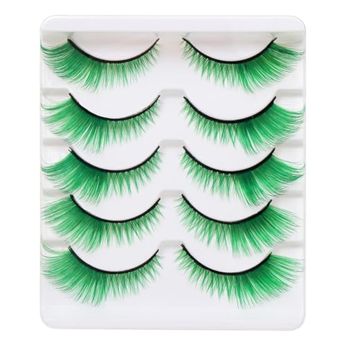 False Lashes Natural Lashes 5 Pairs Cat Eye Fluffy False Eyelashes for Halloween Cosplay Party Stage Makeup (Green)