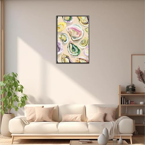 Image of Colorful Oyster Shell Poster Abstract Beachy Shell Canvas Wall Art Retro Summer Coastal Shell Picture Aesthetic Prints Painting For Home Living Room Kitchen Restaurant Wall Decor 8x12in Framed