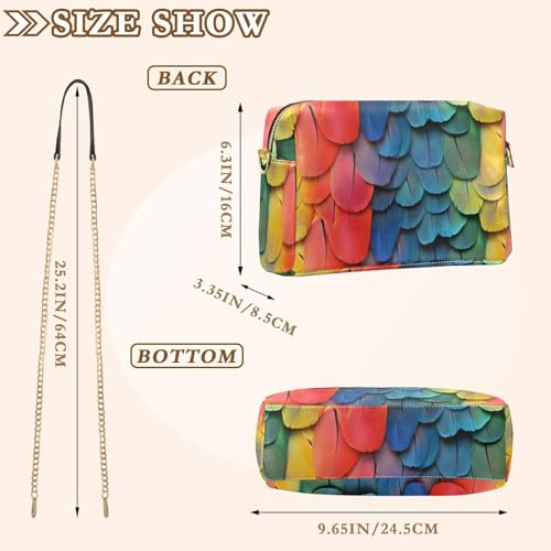 Women Crossbody Bag Shoulder Handbag Cellphone Purse PU Leather Metal Chain Strap Water Resistant Zipper Closure Rainbow Feathers Print3