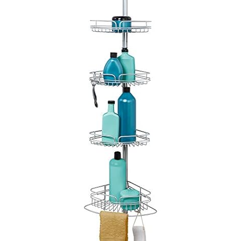 Zenna Home Tension Pole Shower Caddy 4 Basket Shelves with Built-in Towel Bar, Adjustable, 60 to 97 Inch, Chrome Cover