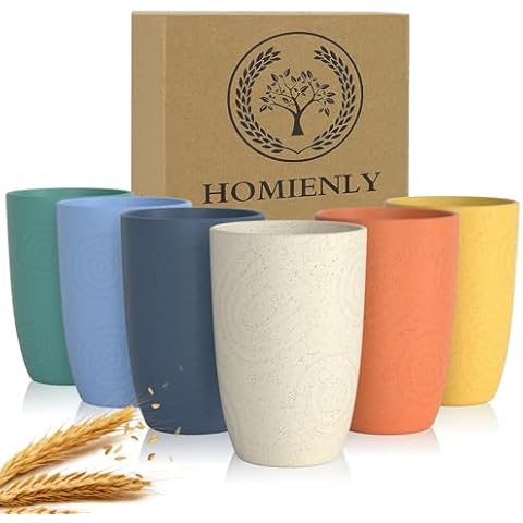 Homienly Drinking Glasses Premium Wheat Straw Unbreakable Cups - Set of 6 Alternative to Plastic Cups Reusable Unbreakable Drinking Cup Reusable Dishwasher Safe Water Glasses Tumblers (12 OZ) Cover