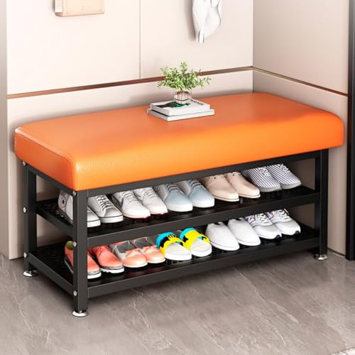 Zykuosus Banco Zapatero Entrada Tapizar, Banco Almacenaje de Dos Niveles con Estantes de Malla, Descalzadora para Pasillo, Guardarropas y Tiendas de Ropa(Orange,120cm)