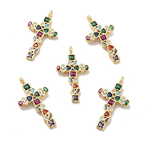 Ipotkitt 5Pcs Cross Brass Micro Pave Colorful Cubic Zirconia Charm Pendants Religious Ornaments For Diy Jewelry Making Accessories - 32X18Mm #TOP10
