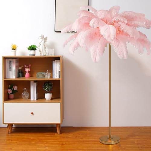 Lámpara de pie LED decorativa con plumas naturales y detalles dorados elegantes