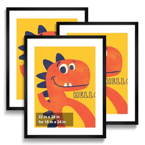 euwazram 22x28 Frame - Set of 3, Matte Black 22x28 Poster Frame with Mat for 18x24, or 22 x 28 Picture Frame without Mats for Artwork, Puzzles, Photos and Movie Posters, Perfect Christmas Frame