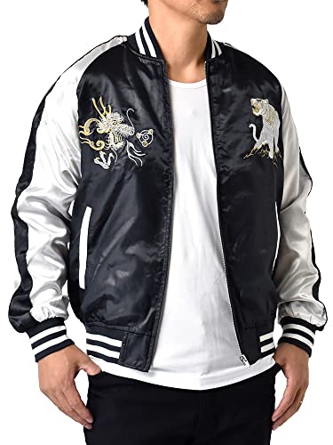 [アルージェ] スカジャン メンズ サテン 和柄 ジャケット MA-1 秋 春 アウター / D7M / M 白龍虎柄ネイビー