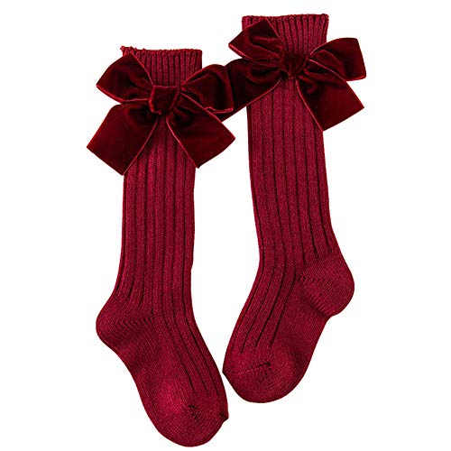 ZSooner Calze traspiranti lunghe con fiocco per la casa, regalo per bambini, in cotone pettinato, per l'inverno, per uniformi, per tenere al caldo morbido (rosso vinaccio)