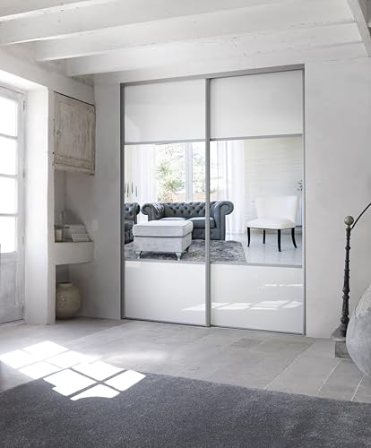 Kit de 2 portes de placard coulissantes, hauteur 250 cm, largeur 180 cm, décor brillant blanc, partitionné miroir argent, profils et rails gris inclus