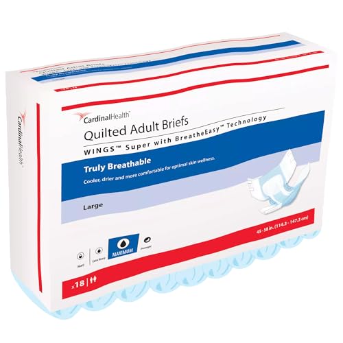 Cardinal Health Quilted Adult Briefs Wings Super with BreatheEasy Technology Size Large Maximum Absorbancy Refastenable Tabs Unisex Disposable Adult Briefs - Bag of 18