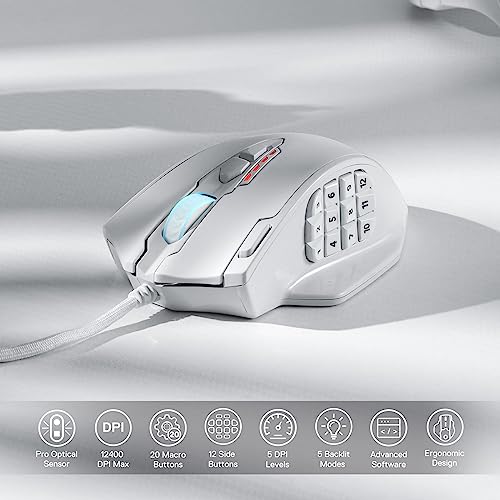 Image of Redragon M908 Impact RGB LED MMO Gaming Mouse with 12 Side Buttons, Optical Wired Ergonomic Mouse with Max 12,400DPI, High Precision, 18 Programmable Macro Shortcuts, Comfort Grip, White
