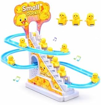 TEC TAVAKKAL Slide Toy Race Duck Track Set, Funny Automatic Stair-Climbing Ducklings Cartoon Roller Coaster Escalator Toy with Flashing Lights & Music