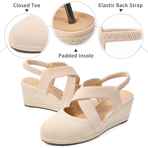 Image of HARENCE Espadrilles Wedge Sandals for Women: Comfortable Closed Toe Ankle Strap Elastic Shoes Summer Dressy Platform Heels