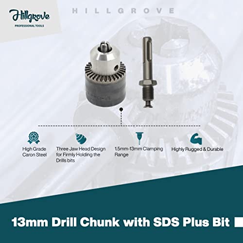Image of Hillgrove HGCM121M1 26mm Hammer Impact Drill Machine Forward /Reverse Rotation with Drill Chunk(13mm),5 Pcs Hand Tools and HSS Drill Bits for Making Holes in Metal /Wood /Concrete Hammer Drill (1200W)