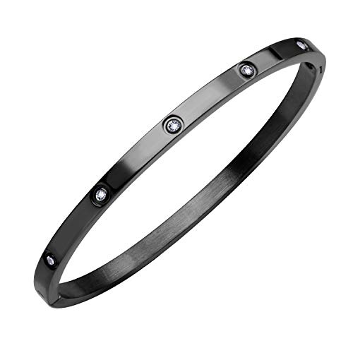 555Jewelry Womens Classic High Polish Stainless Steel Sparkling Cubic Zirconia Cz Hypoallergenic Fine Fashion Girls Jewelry Accessory Hinge Lock Love Cuff Bangle Bracelet, Black #TOP17