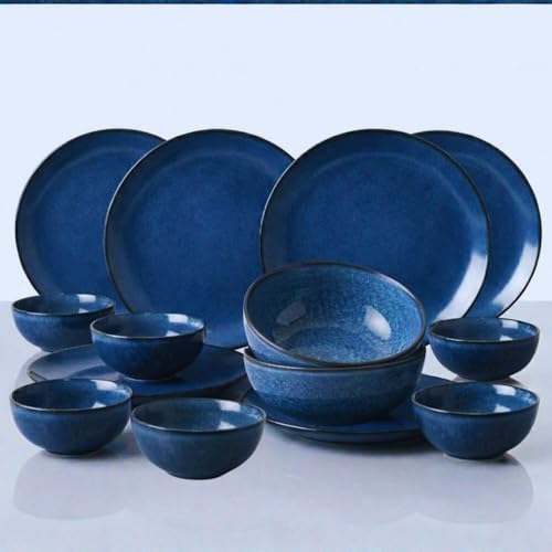 Image of Freakway Ceramic Dinner Set, Blue Reactive Glaze, 14 Pieces, Round, Includes Plates and Bowls