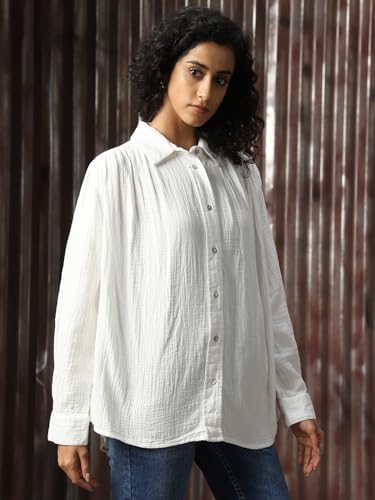 Image of High Star Women Cotton Solid Oversized Fit Casual Collar Full Sleeves Shirts