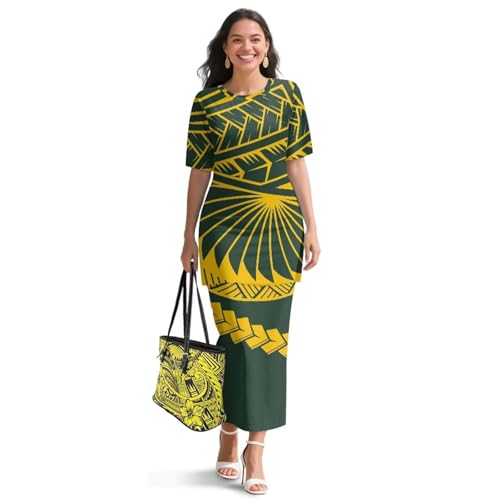 Puletasi Polynesian Tribal Clothing Two Piece Skirt Set for Women Outfits Short Sleeve Top High Waist Midi Skirt