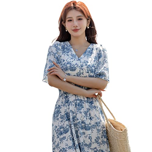 [Teddy] リゾートワンピース レディース 夏 サマードレス ロング マキシ丈 半袖 シフォン 透け Aライン tops1026 M Z:ホワイト×ブルーの商品画像（Amazon）