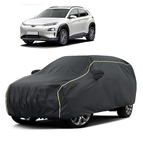 Image of Sulfar 100% Water Resistant Car Body Cover Compatible with Mirror for Hyundai kona (Triple Stitched, Full Bottom Elastic, Dark Grey Taffeta with Yellow Piping)