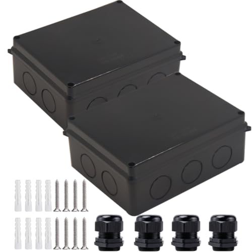 Image of Junction Box, 2Pcs Reserved Holes Electrical Boxes Waterproof IP65 ABS Plastic Electrical Power Cord Enclosure Project Box Black 7.9 x 6.1 x 3.1 inch(200x155x80mm)