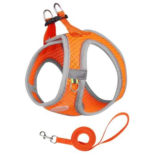 犬用 ハーネス 犬 リード付き 小型犬 中型犬 散歩 牽引ロープ ハーネスセット リードセット ランニング トレーニング 猫 反射光 かわいい 着脱簡単 (オレンジ)