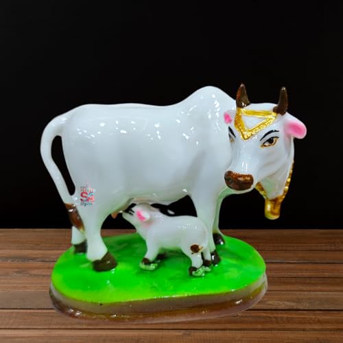 Image of Sai Amrut Handicraft Decorative Polystone Cow and Calf Big Statue /Idol for Gift Home Decor 8 inch (Marble 3 inch)