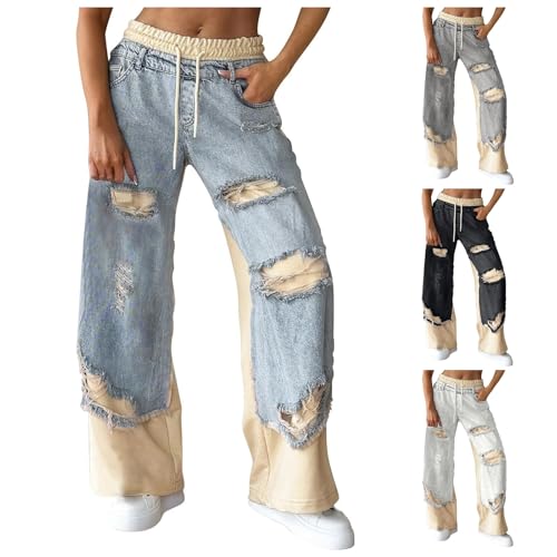 Women's Denim Trousers with Stitching and Ripped Design Baggy Jeans Wide Leg High Waisted Patchwork Jeans Denim Pants