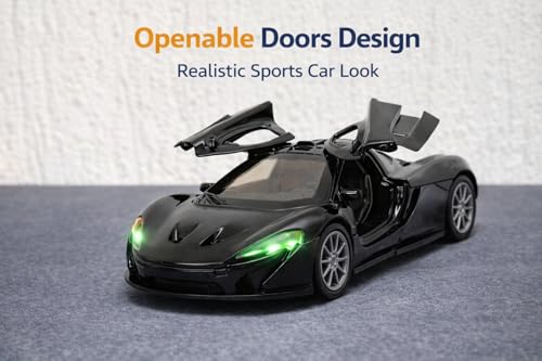 Image of TEC TAVAKKAL 1:36 Scale Diecast Metal Toy Car with Openable Doors, Pull-Back Action, LED Lights & Music - Premium Mini Sports Car Model for Kids & Collectors (Black)