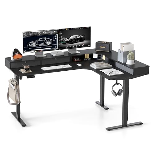 Image of CubiCubi L Shaped Standing Desk with Drawers 63 x 48 Inch Adjustable Height, Electric Corner Desk with Storage, Sit Stand Home Office Desk with Splice Board, Black