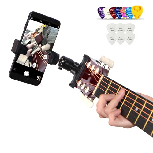 RockCheems Guitar Phone Holder Mount for Live Broadcast Video Recording, Suitable for iPhone and Samsung Smart Phones, Bass Ukulele Electric Guitar Accessories with 12pcs Guitar Picks, Guitar Gifts