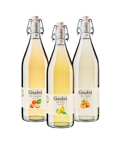 Fassobst Alte Birne, Marille & Haselnuss im Probier-Paket - Schnaps in der Bügelflasche mit intensivem & feinem Aroma, fassgereift im Schwarzwald (3 x 1,0l)