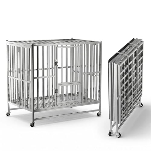 Jaula Grande Plegable para Perros de Acero Inoxidable 108 x 70 x 90 cm con Ruedas, Doble Puerta, 2 Bandejas Extraíbles y Cierre de Seguridad