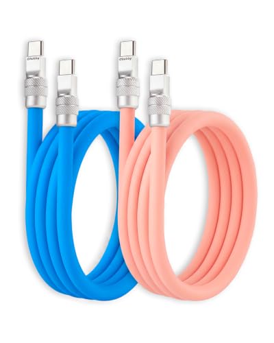 Image of chubbycable 240W Silicone USB C to C Cable, 2 Pack, Blue+Pink, 3.3FT | Couple Color Matching, 6mm Extra Thick, 45,000+ Bend Tested, 480Mbps Data Transfer, E-Marker Safety Chip, Tangle-Free