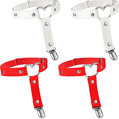 4 Pieces Heart Leg Garter Belt Adjustable Punk Gothic Garter With Anti-Slip Clips For Women Girl (Red, White) #TOP22