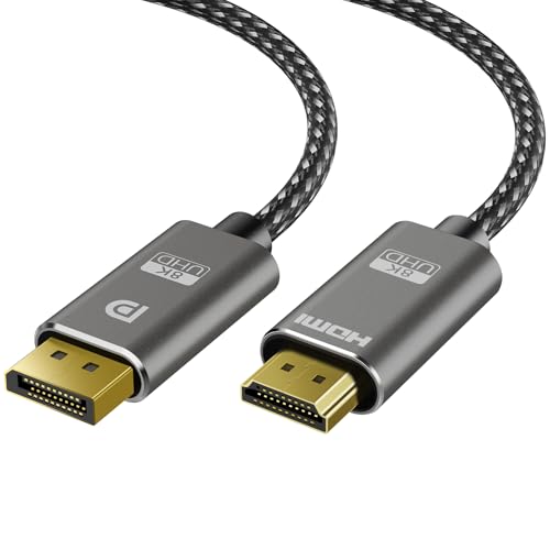 8K DisplayPort to HDMI Cable 6 ft Uni Directional DP Source to HDMI Display 8K@60Hz 4K@240Hz 2K@240HZ DisplayPort 1.4 to HDMI 2.1 Braided Cord for NVIDIA Dell AMD Lenovo HP PC Monitor