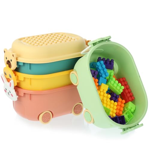 Wensdr 4 Packs Cartoon Toy Storage Bin Box with Lid,Plastic Stackable Containers Car Shape Toy Storage Organizer Box (10.4x6.9x5.7 in)