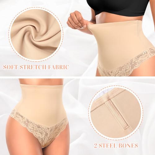 Image of Werena Tummy Control Thong Shapewear for Women Mid High Waisted Body Shaper Underwear Lace Shaping Thong Girdle Panties