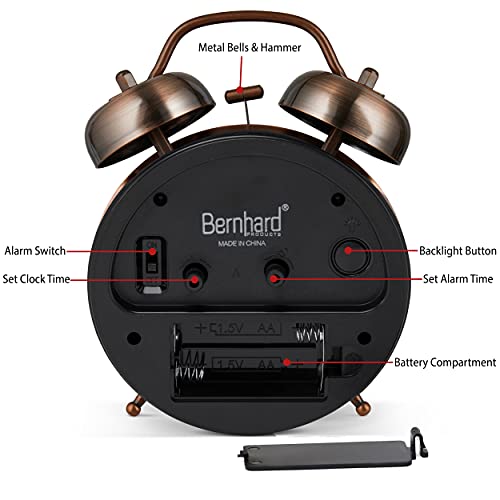 Image of Bernhard Products Analog Alarm Clock Twin Bell Retro Vintage Copper Metal 4 inch Extra Loud Quartz Battery Operated with Backlight for Bedside Table Silent Non-Ticking Old fashioned Decorative Desk Clocks