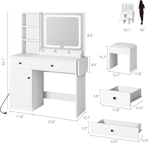 GAOMON Vanity Desk with Mirror and Lights, Makeup Vanity with 2 Drawers & 2 Shelves & One Door, 3 Lighting Modes Adjustable Brightness, Bedroom Dressing Table, White