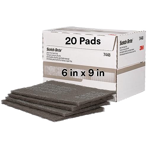 3M Scotch-Brite Ultra Fine Grade 7448 Hand Pad, Pack of 20, 6 in x 9 in Hand Pads, Nonwoven Silicon Carbide, Surface Preparation, Scuffing, and Cleaning, Gray