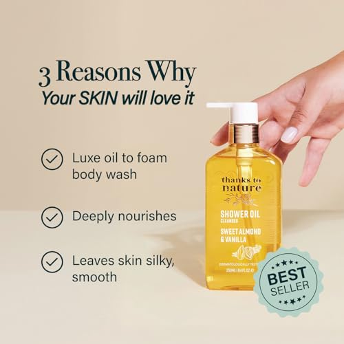 Image of Shower Oil for Women, 8.45 fl oz (Sweet Almond & Vanilla) | Body Wash With Vitamin E and Glycerin, Oil to Foam, Vegan, Paraben Free, Normal to Dry Skin
