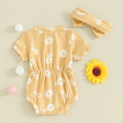 Hnyenmcko Newborn Baby Girl Romper Daisy Short Sleeve Bodysuit Floral Jumpsuit with Headband Infant Summer Clothes 0-18M3