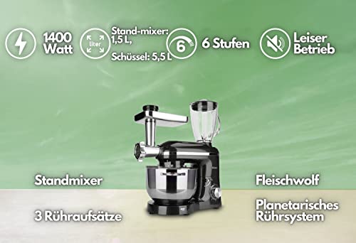 3in1 Küchenmaschine | Rührmaschine | Teigmaschine | Knetmaschine | Teigkneter | 1400 Watt | 6 Geschwindigkeitsstufen… – Bild 3
