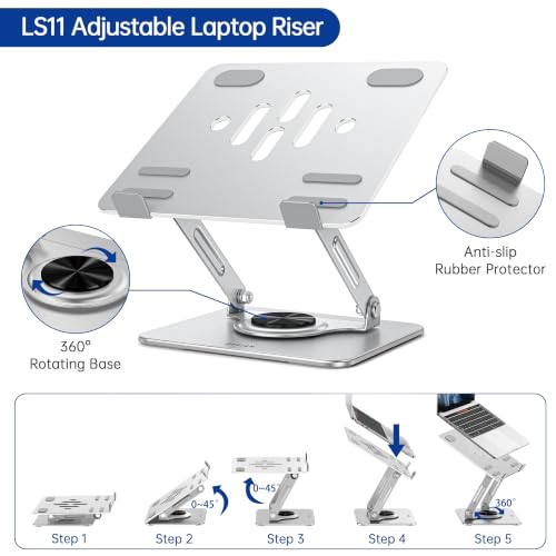 Image of BESIGN Laptop Stand with 360 Rotating Base, Ergonomic Adjustable Notebook Riser, Foldable Computer Holder Compatible with 10-14 inch Laptops, LS11 Silver