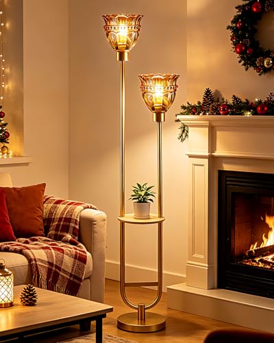 Image of Lightdot 2-Lights Glass Floor Lamp with Table Mid Century Modern Gold Standing Tall Lamps with Amber Glass Shade,LED Floor Lamp with Foot Switch for Living Room Bedroom Home Decor (Bulbs Included)