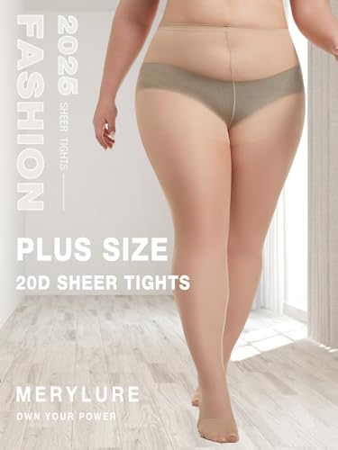 Image of MERYLURE Plus Size Sheer Tights for Women,20D Control Top Pantyhose Reinforced Toes High Waist Stockings 3 Pairs 1XL-6XL
