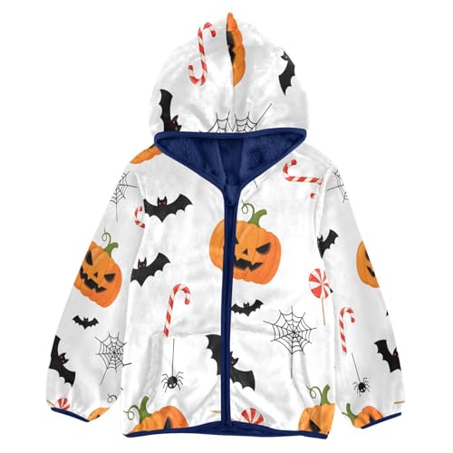 Halloween Themed Pattern Pumkins Toddler Fleece Jacket Girl Boys Hooded Fleece Jacket Coat Warm Outwear Zip-up 3-10T