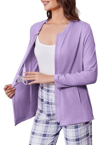 Deyeek Mastectomy Shirts with Drain Pockets Post Shoulder Surgery Tops for Women Chemo Port Long Sleeve with Zippers