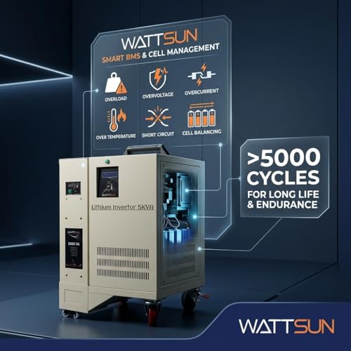 Image of Wattsun 5kVA Inverter with 10.24KWh High Capacity Inbuilt Lithium Battery | Upto 15 Yr Life | Solar Compatible | UPS Mode | Runs 1.5 Ton AC | Fast Charging, Zero Maintenance | 5-Year Warranty