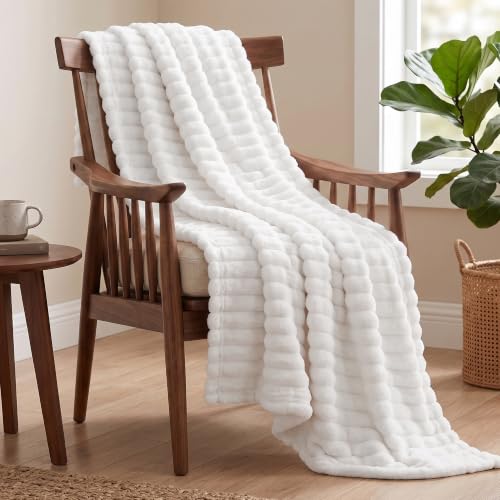 Utopia Bedding Off White Striped Fleece Blanket Throw Size Fluffy Warm & Lightweight Ribbed Throw for Bed Sofa & Chair - Soft Cozy Blanket for Home Decor & Gifting (50x60 Inches)